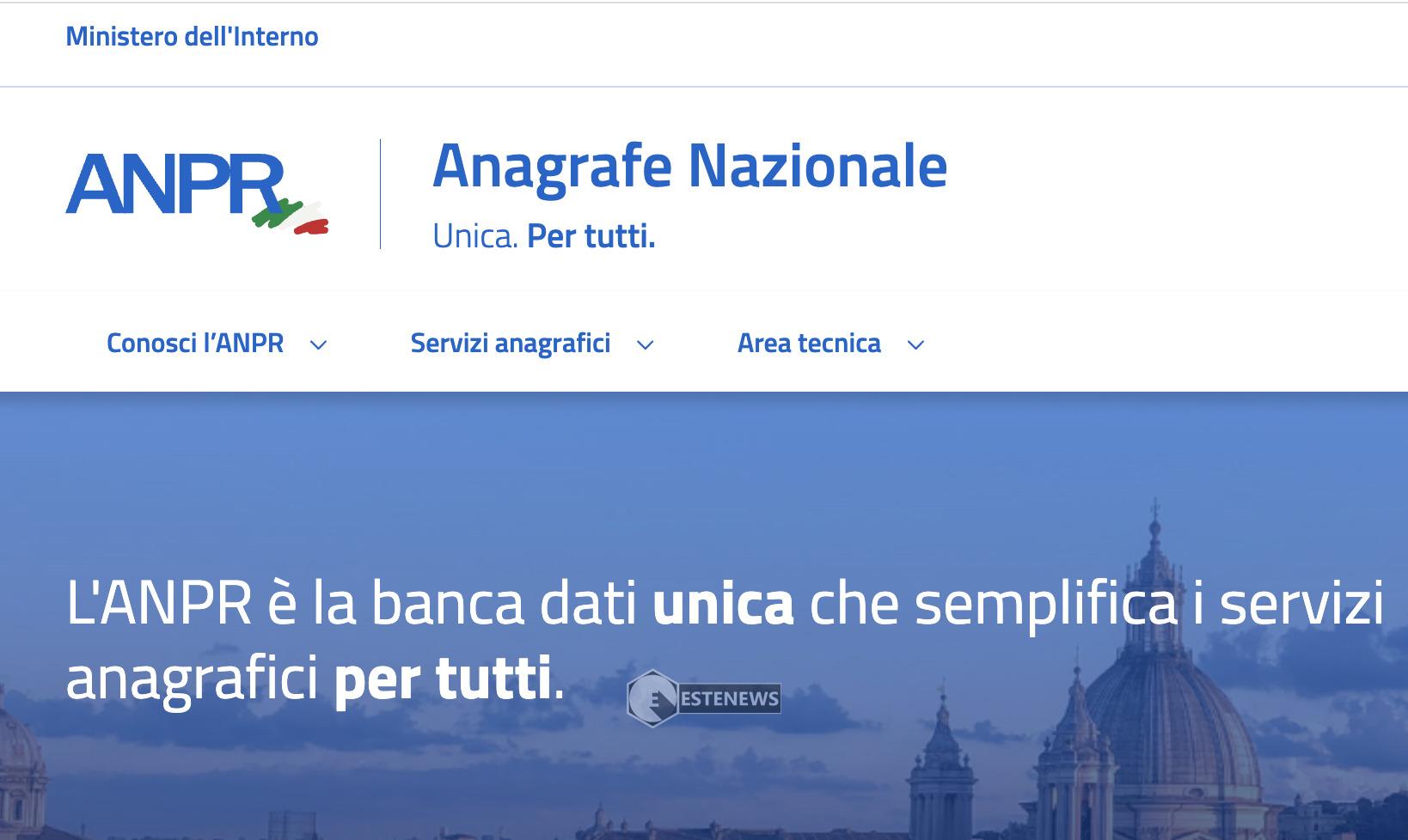 Screenshot dal sito Anagrafe Nazionale