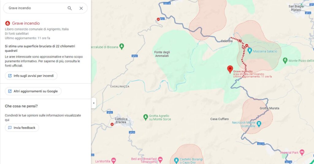 Incendio in Sicilia mostrato da Google Maps